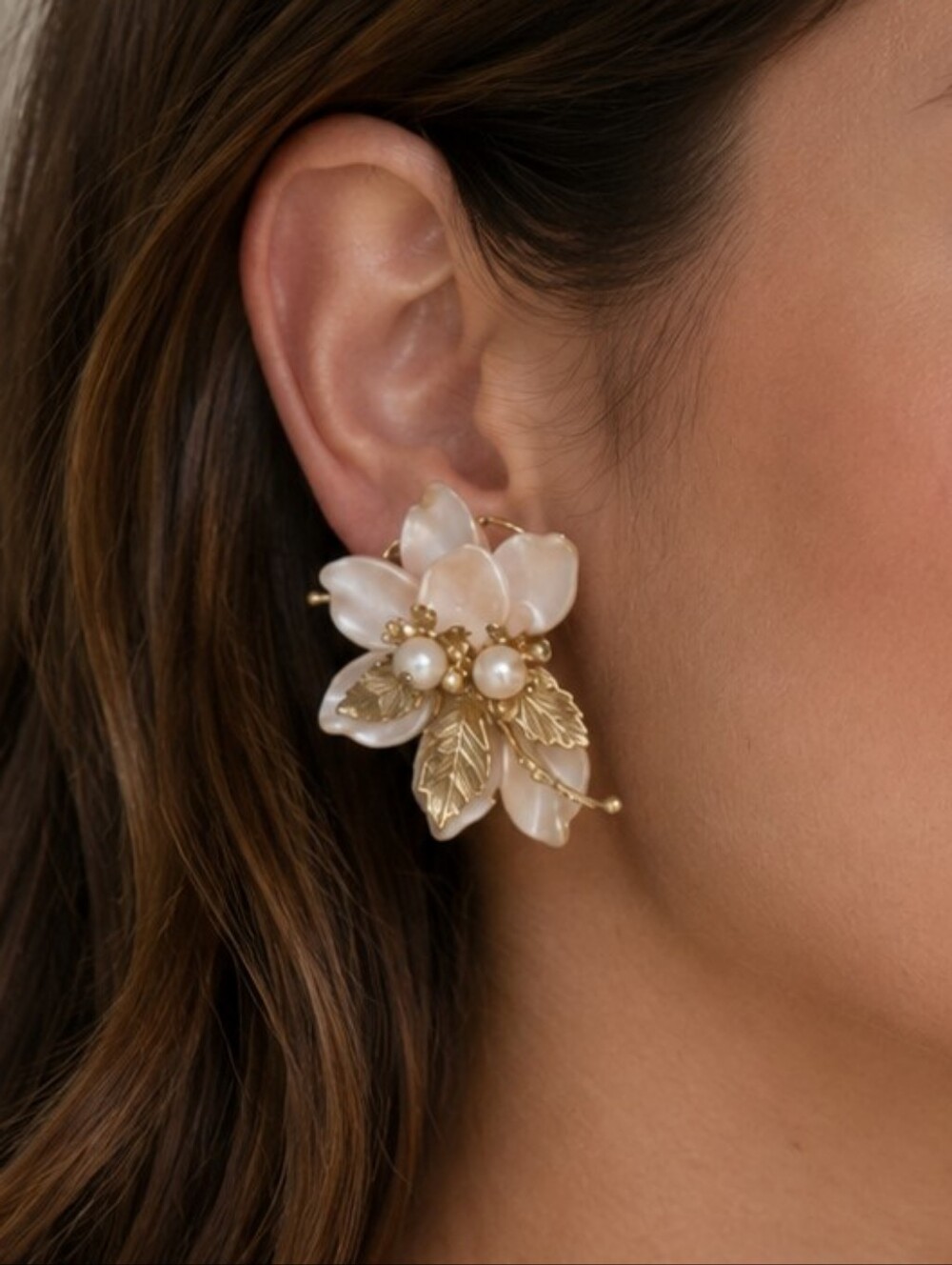Vintage Flower Statement Clip On Earrings Resin Petals Pearls